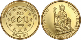 WORLD COINS: BELGIUM
50 Ecu. 1989. 15.53 grs. AU. Carlomagno sentado en trono. Tirada: 2.000 piezas. Fr-429; KM-174. PROOF.