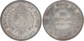 WORLD COINS: BOLIVIA
Boliviano. 1870-ER. POTOSÍ. 24,60 grs. Pátina. KM-155.3. EBC.