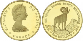 WORLD COINS: CANADA
100 Francos. 1985. ISABEL II. 16,94 grs. AU. Parques Nacionales: Cabra. Fr-16; KM-144. PROOF.