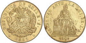 WORLD COINS: CHILE
8 escudos. 1851. SANTIAGO. L.A. AU. Ø 26,97 mm. JULIO incuso en canto. (Hojitas y golpecitos). KM-105; XC-1699. MBC.