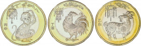 WORLD COINS: CHINA
Lote 3 monedas 10 Yuan. 2015, 2016 y 2017. Bimetálicas. Serie lunar del mono en estuche de metacrilato de NGC como MS68 PL, Serie ...
