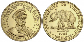 WORLD COINS: CONGO
100 Francos. 1965. 32,27 grs. AU. V Aniversario Independencia. Presidente Kasa-Vubu. Elefante. Tirada: 3.000 piezas. Fr-1; KM-6. P...