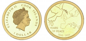 WORLD COINS: COOK ISLANDS
1 Dólar. 2015. ISABEL II. 0,5 grs. AU. 70 aniversario de Paz en Europa. En estuche, con certificado. KM-1686. PROOF.