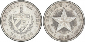 WORLD COINS: CUBA
1 Peso. 1915. 26,73 grs. AR. Tipo Estrella. (Pequeños golpecitos). KM-15.1. EBC.