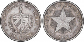 WORLD COINS: CUBA
1 Peso. 1916. 26,64 grs. AR. Tipo Estrella. (Pequeños golpecitos). Ligera pátina. KM-15.2. EBC-.