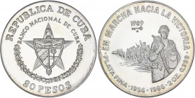 WORLD COINS: CUBA
20 Pesos. 1986. 62 grs. AR. 30 Aniversario Marcha hacia la Victoria. Tirada: 1.000 piezas. KM-171. PROOF.