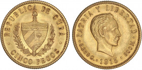 WORLD COINS: CUBA
5 Pesos. 1915. 8,34 grs. AU. José Martí. Brillo original. Fr-4; KM-19. EBC+/EBC.