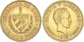 WORLD COINS: CUBA
20 Pesos. 1915. 33,4 grs. AU. José Martí. (Leves golpecitos). Brillo original. RARA ASÍ. Fr-1; KM-21. EBC.