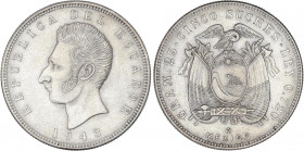 WORLD COINS: ECUADOR
5 Sucres. 1943-M. MÉXICO. 25,10 grs. AR. General Sucre. Brillo original. KM-79. EBC+.