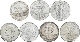 WORLD COINS: UNITED STATES
Lote 6 monedas 1 Dólar (4) y 1 Onza (2). 1976 a 2013. AR. Eisenhower, Libertad andando (3) y 1 Onza: Indio y Locomotora. A...