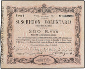 SPANISH BANK NOTES: ANCIENT
Suscrición Voluntaria 200 Reales de Vellón. 30 Mayo 1870. CARLOS VII, PRETENDIENTE. LA TOUR DE PEILZ. (leves roturas). Ed...