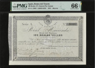 SPANISH BANK NOTES: ANCIENT
100 Reales de Vellón. 1 Noviembre 1873. CARLOS VII, PRETENDIENTE. BAYONA. Bono del Tesoro. Serie A. Encapsulado por PMG (...