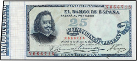 SPANISH BANK NOTES: BANCO DE ESPAÑA
25 Pesetas. 17 Mayo 1899. Quevedo. Serie N. (Leve manchita en margen de reverso). Ed-306a. EBC.