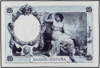 SPANISH BANK NOTES: BANCO DE ESPAÑA
Prueba de reverso 25 Pesetas. (1 Diciembre 1908). En color azul. Arruguitas de impresión. Ed-NE14Pb. SC.