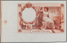 SPANISH BANK NOTES: BANCO DE ESPAÑA
Prueba de reverso 25 Pesetas. (1 Diciembre 1908). En color marrón rojizo. Con matriz izquierda y parte de la infe...