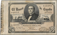 SPANISH BANK NOTES: ANCIENT
50 Pesetas. 1 Julio 1884. Bravo Murillo. (Dobleces, pequeña rotura en margen derecho. Manchitas del tiempo). Apresto orig...