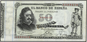 SPANISH BANK NOTES: BANCO DE ESPAÑA
50 Pesetas. 25 Noviembre 1899. Quevedo. Serie A. (Levísimas roturitas en margen). ESCASO. Ed-307. MBC+.