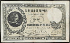 SPANISH BANK NOTES: BANCO DE ESPAÑA
50 Pesetas. 30 Noviembre 1902. Velazquez. (Leves roturitas en margen, algo sucio). MUY ESCASO. Ed-309. (MBC+).