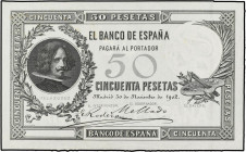 SPANISH BANK NOTES: BANCO DE ESPAÑA
Prueba de anverso 50 Pesetas. 30 Noviembre 1902. Velazquez. (Arrugas de impresión, levisimas manchitas del tiempo...