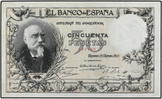 SPANISH BANK NOTES: BANCO DE ESPAÑA
50 Pesetas. 19 Marzo 1905. Echegaray. (Pequeñas reparaciones). ESCASO. Ed-312. (MBC+).
