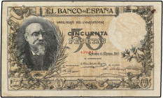 SPANISH BANK NOTES: BANCO DE ESPAÑA
50 Pesetas. 19 Marzo 1905. Echegaray. FALSO DE ÉPOCA. (Levísimas roturas en margen, pequeñas manchas). Ed-312F. M...