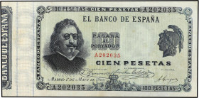 SPANISH BANK NOTES: BANCO DE ESPAÑA
100 Pesetas. 1 Mayo 1900. Quevedo. Serie A. (Levísimas roturitas en margen). RARO. Ed-308. MBC+.