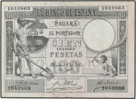 SPANISH BANK NOTES: BANCO DE ESPAÑA
100 Pesetas. 1 Julio 1903. Fogonero. (Pequeñas reparaciones). MUY RARO. BBE-216-217; Ed-310; FR y JA-147; LB-94. ...