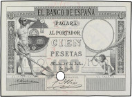 SPANISH BANK NOTES: BANCO DE ESPAÑA
Prueba de anverso 100 Pesetas. 1 Julio 1903. Fogonero. Con un taladro. (Arruguitas de impresión, Leve adelgazamie...