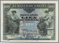 SPANISH BANK NOTES: BANCO DE ESPAÑA
100 Pesetas. 30 Junio 1906. Serie B. (Dos pliegues, doblez en esquina). Ed-313a. EBC-.