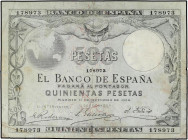 SPANISH BANK NOTES: BANCO DE ESPAÑA
500 Pesetas. 19 Octubre 1903. Mercurio Alado. (Reparaciones. Pequeñas roturitas no reparadas en margen y punto de...