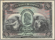 SPANISH BANK NOTES: BANCO DE ESPAÑA
500 Pesetas. 28 Enero 1907. (Pequeñas arruguitas, Leves faltas de papel y manchita de óxido en margen superior). ...