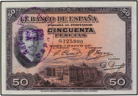 SPANISH BANK NOTES: BANCO DE ESPAÑA
50 Pesetas. 17 Mayo 1927. Alfonso XIII. Sello tampón REPÚBLICA ESPAÑOLA. (Esquinas algo rozadas). Ed-332. EBC....