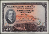 SPANISH BANK NOTES: BANCO DE ESPAÑA
50 Pesetas. 17 Mayo 1927. Alfonso XIII. Sello en seco GOBIERNO PROVISIONAL DE LA REPÚBLICA. (Arrugas). Ed-339. EB...