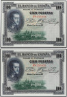 SPANISH BANK NOTES: CIVIL WAR, REPUBLICAN ZONE
Lote 2 billetes 100 Pesetas. 1 Julio 1925. Felipe II. Serie F. Pareja correlativa. Ed-350. SC.