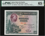 SPANISH BANK NOTES: CIVIL WAR, REPUBLICAN ZONE
500 Pesetas. 15 Agosto 1928. Cardenal Cisneros. Precintado y garantizado por PMG (nº 77a65E1908048006G...