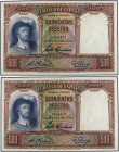 SPANISH BANK NOTES: CIVIL WAR, REPUBLICAN ZONE
Lote 2 billetes 500 Pesetas. 25 Abril 1931. Elcano. Pareja correlativa. Ed-361. SC.