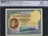SPANISH BANK NOTES: CIVIL WAR, REPUBLICAN ZONE
500 Pesetas. 7 Enero 1935. Hernán Cortés. Precintado y garantizado por PCGS (nº 699777.67/37561040) co...