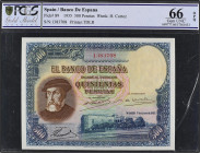 SPANISH BANK NOTES: CIVIL WAR, REPUBLICAN ZONE
500 Pesetas. 7 Enero 1935. Hernán Cortés. Precintado y garantizado por PCGS (nº 699777.66/37561033) co...