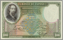 SPANISH BANK NOTES: CIVIL WAR, REPUBLICAN ZONE
1.000 Pesetas. 25 Abril 1931. Zorrilla. (Leve arruguita en esquina superior izquierda). Apresto origin...