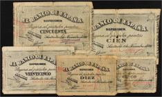 SPANISH BANK NOTES: CIVIL WAR, REPUBLICAN ZONE
Serie 5 billetes 5, 10, 25, 50 y 100 Pesetas. 1 Noviembre 1936. EL BANCO DE ESPAÑA. SANTANDER. Antefir...