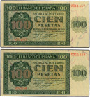 SPANISH BANK NOTES: ESTADO ESPAÑOL
Lote 2 billetes 100 Pesetas. 21 Noviembre 1936. Catedral de Burgos. Serie C. Pareja correlativa. (Picos de las esq...