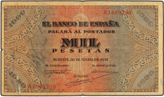 SPANISH BANK NOTES: ESTADO ESPAÑOL
1.000 Pesetas. 20 Mayo 1938. Defensa del Púlpito de San Agustín. (Pequeñas roturas). Ed-434. MBC.
