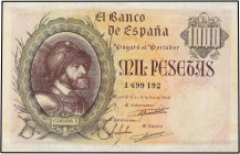 SPANISH BANK NOTES: ESTADO ESPAÑOL
1.000 Pesetas. 21 Octubre 1940. Carlos I. (Múltiples reparaciones). Ed-445. (MBC+).