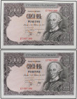 SPANISH BANK NOTES
Lote 2 billetes 5.000 Pesetas. 6 Febrero 1976. Carlos III. Serie E. Pareja correlativa. Ed-475a. SC.