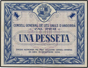 SPANISH BANK NOTES: SPANISH OVERSEAS ISSUES AND ANDORRA
1 Pesseta. 19 Desembre 1936. CONSELL GENERAL DE LES VALLS D´ANDORRA. Emisión azul. (Leve rest...