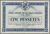 SPANISH BANK NOTES: SPANISH OVERSEAS ISSUES AND ANDORRA
5 Pessetes. 19 Desembre 1936. CONSELL GENERAL DE LES VALLS D´ANDORRA. Emisión azul. Tampón en...