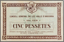SPANISH BANK NOTES: SPANISH OVERSEAS ISSUES AND ANDORRA
5 Pessetes. 19 Desembre 1936. CONSELL GENERAL DE LES VALLS D´ANDORRA. Emisión marrón. (Restau...