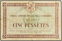 SPANISH BANK NOTES: SPANISH OVERSEAS ISSUES AND ANDORRA
5 Pessetes. 19 Desembre 1936. CONSELL GENERAL DE LES VALLS D´ANDORRA. Emisión marrón. (Algo d...