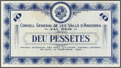 SPANISH BANK NOTES: SPANISH OVERSEAS ISSUES AND ANDORRA
10 Pessetes. 19 Desembre 1936. CONSELL GENERAL DE LES VALLS D´ANDORRA. Emisión azul. (Leve ma...