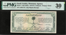 WORLD BANK NOTES
10 Riyals. 1372 d.H. (1953). ARABIA SAUDÍ. Encapsulado por PMG (nº 13001907439041G) como 30 Very Fine, Minor Restoration. MUY RARO. ...
